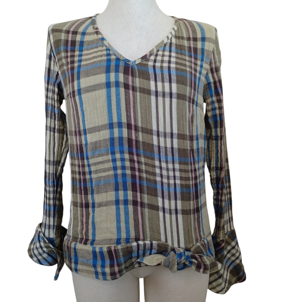 Sundance Plaid V Neck Long Sleeve Tie Front Blouse Shirt Womens‎ M Cotton Gauze